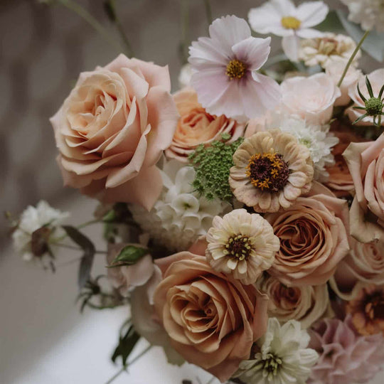 Bouquet of flowers with soft pink, peach, and white tones on a blurred background